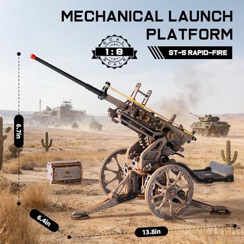 ROKR Anti-Aircraft Gun 3D Wood Puzzle for Adults - Mechanical Rubber Band Shooting Model Kit, DIY Building Set for Teens and Hobbyists, Desktop Decor - Image 5
