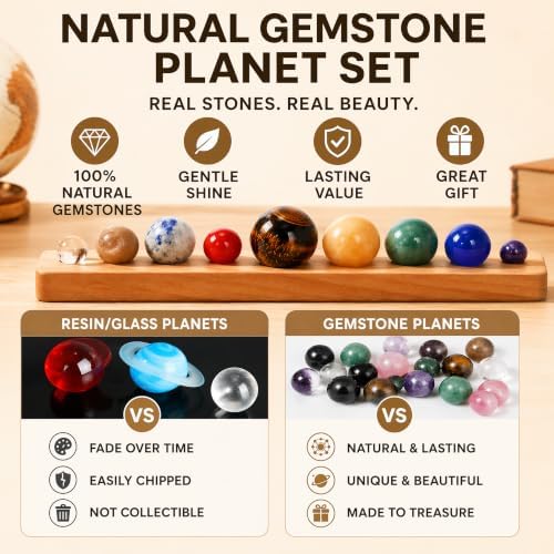 ZENFUN Nine Planets in Solar System with Wooden Stand, Natural Gemstones Sphere Solar System Model Kit, Planet Marbles, Desktop Display & Collection Model, Ideal for Astronomy Enthusiasts - Image 7