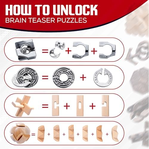 9pcs Metal & Wooden Brain Teaser Puzzles Set, 3D Brain Teasers Steel Puzzles for Adults Teens Kids, Educational IQ Unlock Interlock Puzzle Gift Set - Image 3