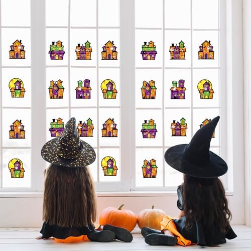Renbuzhu 36PCS Halloweens Crafts Bulk: Haunted House Paper Suncatchers DIY Kit Party Activities Decorations, Window Stained Glass Effect Art Supplies - Image 3