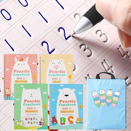 Upgraded Large Size Magic Practice Writing Copybook for Kids, Reusable Copybook Preschool - 4 Books with Pens - Blue Bag by ESAUYB