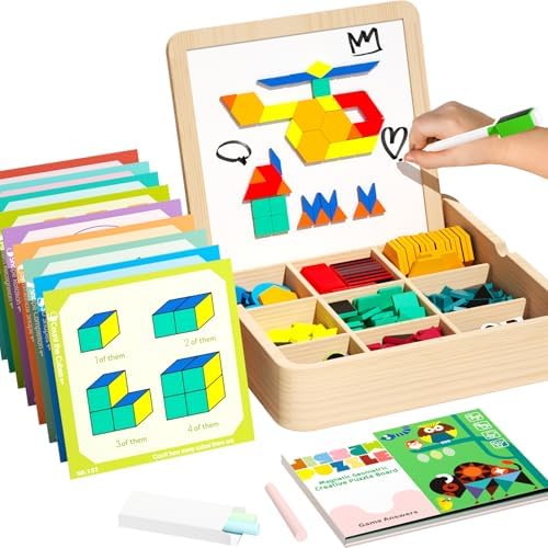 Wooden Magnetic Pattern Block Set with Cards & Pen, 248 Pcs Montessori Creative Magnetic Puzzle Toys for Toddlers 4-8, Learning Educational STEM Tangrams for Kids Boys Girls 4 5 6 7 8 by EDUTREE