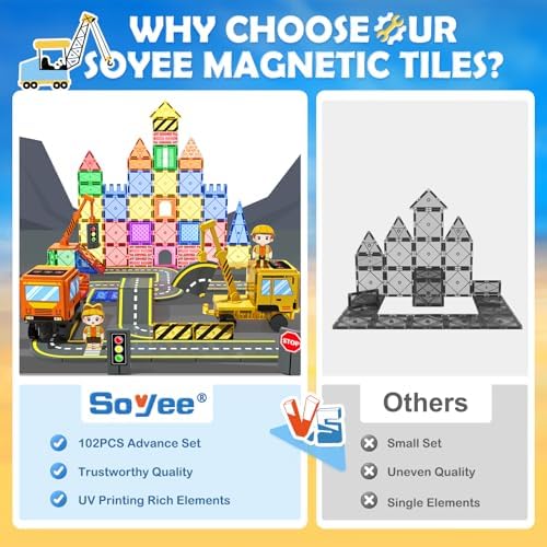 Soyee 102 PCS Magnetic Tiles with 2 Cars & 2 Cranes - Image 3