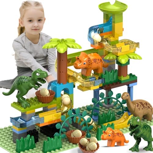 Dinosaur Marble Runs for Kids 4-8 Building Blocks/125Pcs Classic Big Blocks Compatible with LEGO DUPLOS for Age 3-5/Montessori Learning STEM Toys/Marble Maze Gift Toy for Kids Age 3,4,5,6,7,8+ by YYLANDTOYS