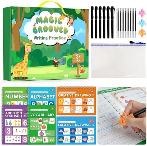 Magic Grooved Writing Practice Book for Kids Ages 3–8, 6 Reusable Handwriting Practice Books with 6 Pens, 12 Refills, 3 Soft Grips, Preschool Learning Activities Gifts for Boys and Girls by Unknown