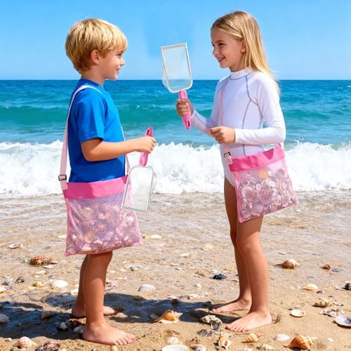 fethwoin 2Pcs Shark Tooth Sifter with 2Pcs Mesh Shell Bags, Beach Sand Sifter, Sea Shell Scooper for Beach, Sand Beach Toys for Kids, Medium, Pink - Image 5