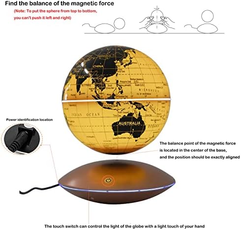 Magnetic Levitation Globe w/UFO-Shaped Base, 6 Inch Rotating Geographic Globe with LED Light, Auto Rotation Suspended Floating World Map Night Light for Table Desk Decor Holiday Gift, Gold - Image 6