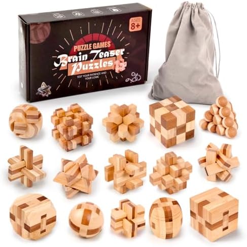 VolksRose 15pcs Wooden Brain Teaser Puzzles, IQ Challenge Puzzle Games, Logic Smart Mind Puzzle Box Lock Toy Removing Assembling 3D Small Puzzle Gift Set for Adults Teenagers Kids, 1.8inch 4.5cm by VolksRose