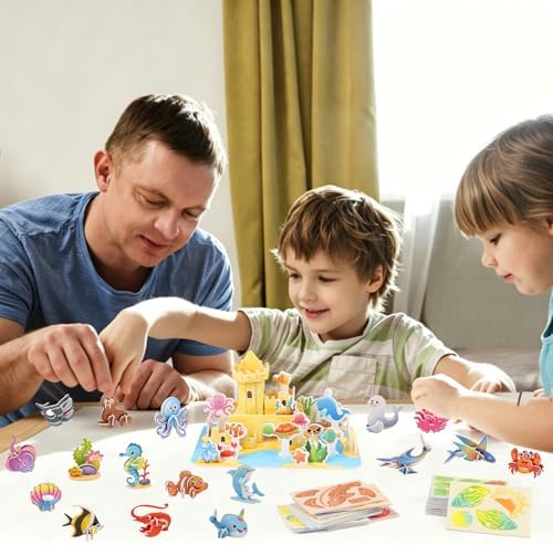 CCINEE 3D Puzzles for Kids, Cartoon Paper Puzzles Toy Gift Set for Girls and Boys Educational DIY Jigsaw Puzzle 30Pcs Mini Ocean Animals 1 Pack Sea World House for School Classroom Craft - Image 6