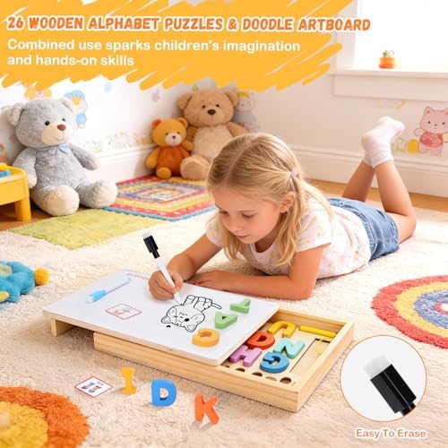 4-in-1 Magnetic Color and Number Maze Toys Box with Alphabet Puzzles Drawing Board, Wooden Storage Montessori Toy for 3-5 Year Old, Toddlers Educational Learning Toy Gifts for Kids Boys Girls - Image 4