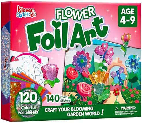 Klever Kits Foil Art Kit for Kids - Arts & Crafts Supplies, Mess Free Coloring, Flowers & Butterflies Foil Foam Stickers, Creative Travel Toys, Birthday Gifts for Boys & Girls Ages 4 and Up by KleverKits