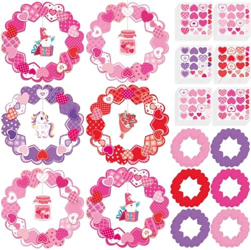 Lonfliness 24 Sets Valentines Wreath Craft for DlY Hanging Decor Valentine's Day Round Paper Wreath Craft Ornament with Heart Stickers Valentines Party Supplies for School Classroom Activities by Lonfliness