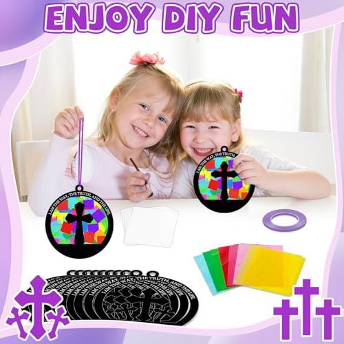 QOUBAI 32 Sets Easter Cross Suncatchers Craft Kit DIY Religious Window Stained Glass Effect Christian VBS Paper Hanging Ornament Kid Sunday School Birthday Gift Creative Art Project Activity Game - Image 4