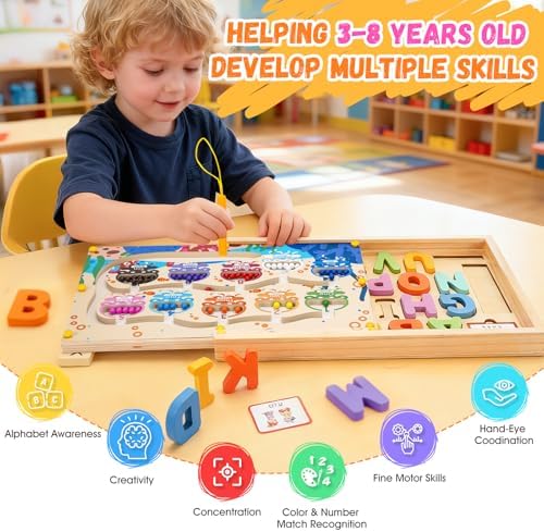 4-in-1 Magnetic Color and Number Maze Toys Box with Alphabet Puzzles Drawing Board, Wooden Storage Montessori Toy for 3-5 Year Old, Toddlers Educational Learning Toy Gifts for Kids Boys Girls - Image 5