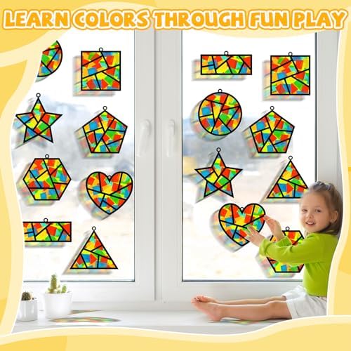 QOUBAI 32 Sets Back to School Geometric Recognition Suncatchers Craft DIY Window Stained Glass Effect Star Paper Crafts Home School Classroom Decor Kid Birthday Gift Creative Art Project Activity Game - Image 5