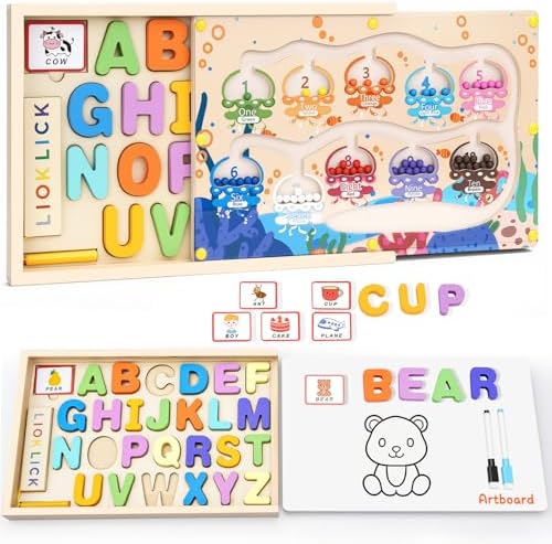 4-in-1 Magnetic Color and Number Maze Toys Box with Alphabet Puzzles Drawing Board, Wooden Storage Montessori Toy for 3-5 Year Old, Toddlers Educational Learning Toy Gifts for Kids Boys Girls by LIOKLICK