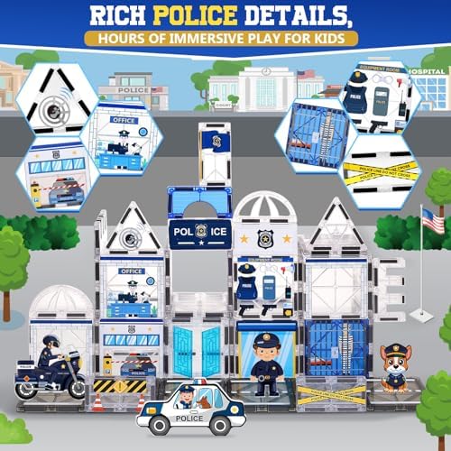 60PCS Police Station Magnetic Tiles Construction Set with 6 Magnetic Dolls - Image 3