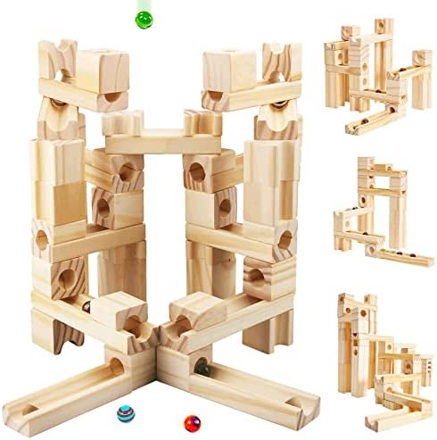 Wooden Marble Run for Kids, 60 Pieces Marble Maze Construction Building Set by XYLOLIN