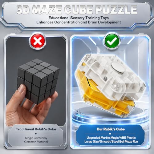 3D Maze Cube Ball Puzzle Brain Teaser for Adults & Kids, Educational Learning Toys Logical Thinking, Family Board Games Tabletop, Durable Puzzle Cube (White&Yellow, 2.4x1.8x2.4) - Image 3