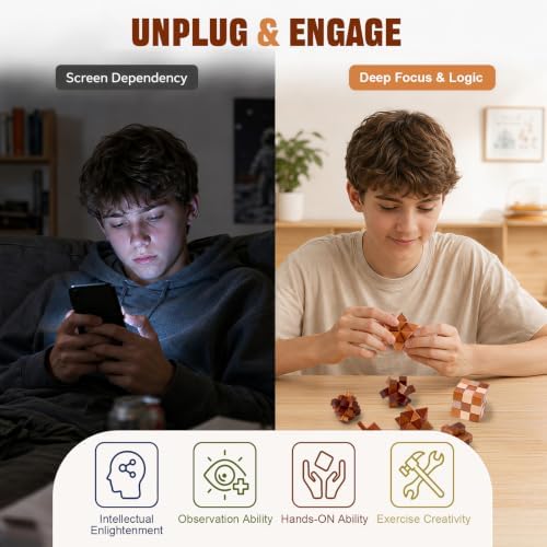 VolksRose 6pcs Wooden Brain Teaser Puzzles, IQ Challenge Puzzle Games, Logic Smart Mind Puzzle Box Lock Toy Removing Assembling 3D Small Puzzle Gift Set for Adults Teenagers Kids, 1.8inch 4.5cm - Image 4