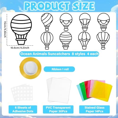 QOUBAI 32 Sets Air Balloons Suncatchers Craft Kit DIY Window Stained Glass Effect Hot Air Balloons VBS Paper Craft Home School Classroom Decoration Kid Birthday Gift Creative Art Project Activity Game - Image 2