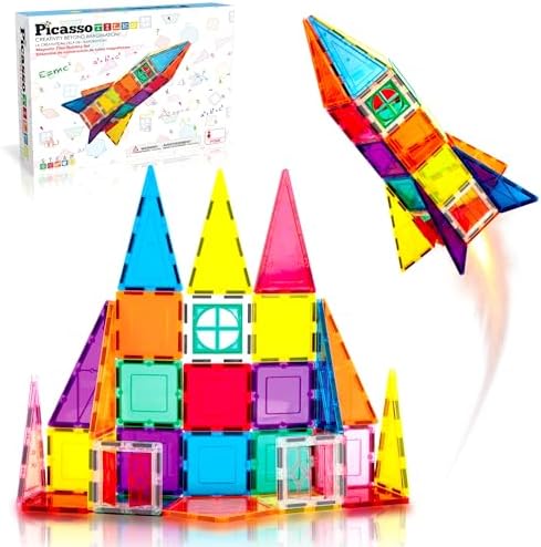 PicassoTiles Magnetic Tiles Rocket Set Construction Toy Magnet Building Block Engineering STEM Learning Child Brain Development Stacking Kit Window Door Playboard for All Ages 3 and Up PT36B by PicassoTiles