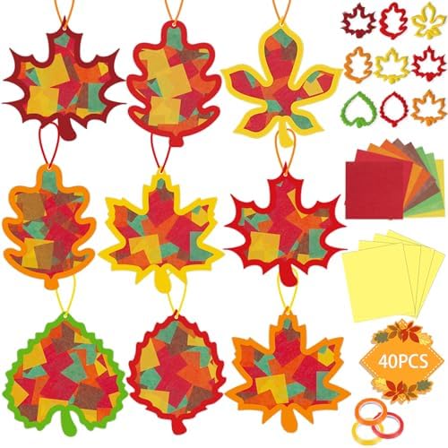 Renbuzhu 40PCS Fall Crafts Bulk: Leaves Paper Suncatchers DIY Kit for Autumn Thanksgiving Activities Decorations, Window Stained Glass Effect Art Supplies(Colorful) by Renbuzhu