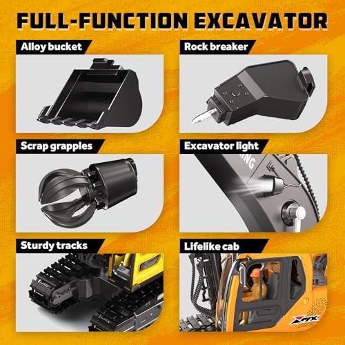 Remote Control Excavator and Dump Truck Toy Set for Kids, 2.4GHz RC Construction Vehicles with Light, Sound Effects, Metal Bucket, Claw and Drill Attachments, Engineering Truck Toys for Boys and Girls - Image 5