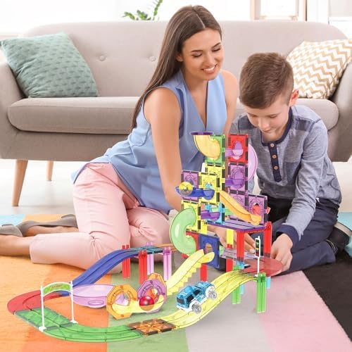 PicassoTiles 121pc Magnetic Tile Race Track Marble Run Magnet Tiles 3-in-1 Playset Car Racing Construction Set STEM Learning Early Education Building Toy Cars for School Toddlers Boys Girls Ages 3+ - Image 2