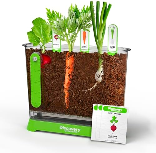 Discovery™ Edible Veggie Garden Watch-It-Grow Kit – DIY STEM Activity for Kids | Grow Carrots, Radishes & Onions| 11-Piece Science Kit with Seeds, Potting Mix & Root Tracker| Learning Toy Gift Ages 6+ by Discovery