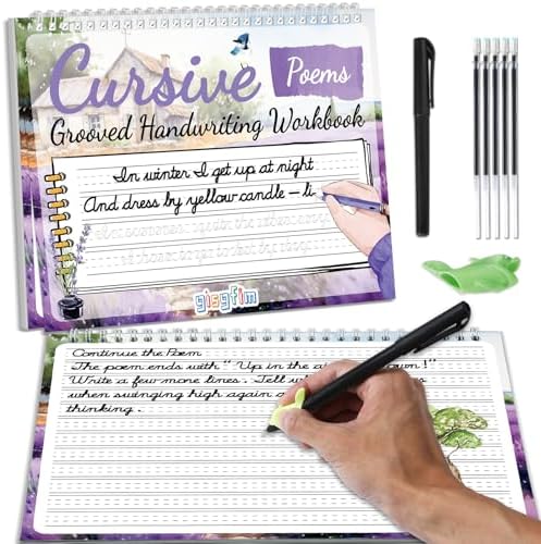gisgfim Grooved Cursive Handwriting Workbook Magic Reusable Grooved Cursive Handwriting Practice Guided Tracing with Disappearing Ink Pens for Beginners Kids Learning Activities Supplies (Poems) by gisgfim
