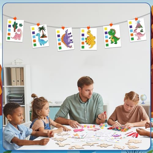 Pasimy 162 Pcs Dinosaur Party Favors Craft Kits Jurassic Party Supplies Dino Birthday Painting Kit Watercolor Card Wooden Cutouts Dinosaur Goodie Bag for Tropical Jungle DIY Project Activities(Dino) - Image 6