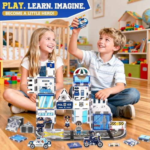 60PCS Police Station Magnetic Tiles Construction Set with 6 Magnetic Dolls - Image 6