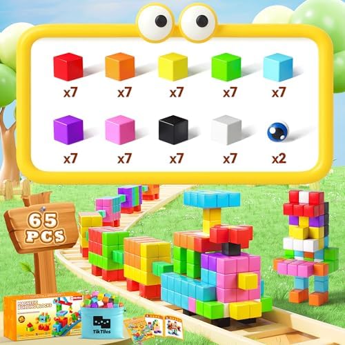 65PCS Magnetic Blocks with Magnet Eyes Toy, Magnetic Building Blocks with Storage Bag for Kids Gifts, STEM Preschool Sensory Magnetic Cubes for Toodlers Boys Girls Ages 3 4 5 6 7 8, Bright Color - Image 3