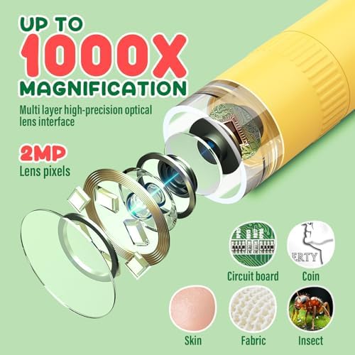 IMICHI Microscope for Kids 50X-1000X 2 inch IPS HD Screen, 32GB Storage Card, 1080P Video, 2-Hour Battery Life, Easy Carry, Slides Included - Perfect Science Kit Gift for Kids Ages 8-12 Yellow - Image 3