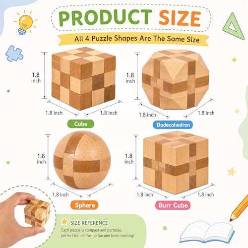 4 Pack Wooden Puzzle Brain Teasers Toy for Kids 3D Puzzles for Teens - Image 2