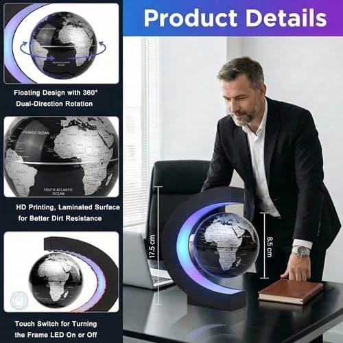 Magnetic Levitation Floating Rotating World Globe with LED Frame Lights, C Shape Levitating Globe, Touch Switch Night Light, Cool Tech Gifts for Men Dad Boys Kids, Office Desk Decor and STEM Gift - Image 2