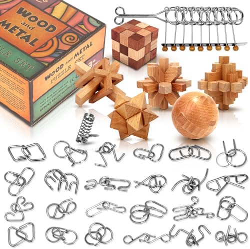 Brain Teaser Wooden Metal Puzzles - Easter Gifts for Kids Teens Brain Teaser Disentanglement Iron Link Unlock Interlock Game Chinese Ring Magic Trick Toy for Party Favors Kids Adults Challenge 32pack by LESONG