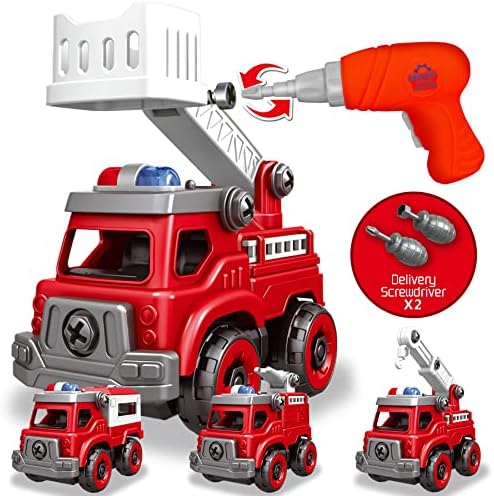 4-in-1 Take Apart Toys Truck with Electric Drill, DIY Assembly Fire Truck by Toyk
