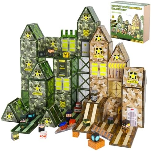 Bmag 109 PCS Military Magnetic Tiles Set, Army STEM Building Toys, Camo Printed Construction Blocks, Educational Play Gifts for Boys Girls Ages 3-12 by BMAG