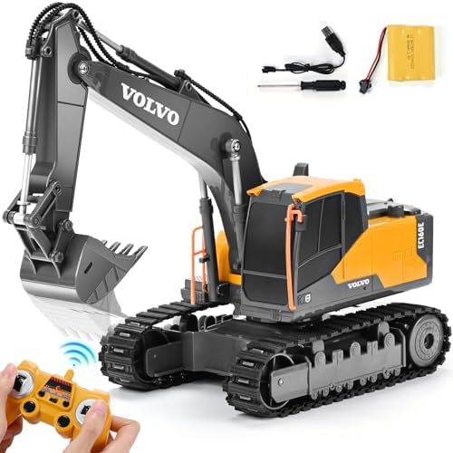 Double E Volvo Licensed Remote Control Excavator Toy, 2.4GHz All‑Terrain Sand-Ready Construction Vehicle with 360° Spin & 330° Cab Rotation, Rechargeable, Dig & Unload, STEM Birthday Gift for Kids 3+ by DOUBLEE