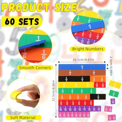 Sayglossy 60 Sets Fraction Tiles Set for Math Classroom Fractions Manipulatives Math Learning Manipulatives for Home School Supplies - Image 2
