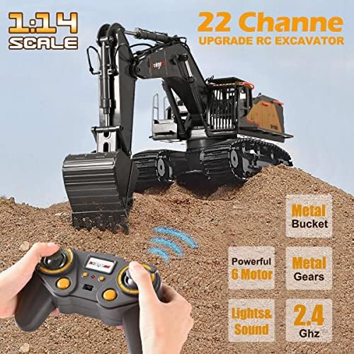 kolegend Remote Control Excavator Toy 1/14 Scale RC Excavator, 22 Channel Upgrade Full Functional Construction Vehicles Rechargeable RC Truck with Metal Shovel and Lights Sounds - Image 3