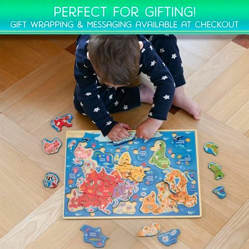 Montessori Mama World Map Wooden Puzzle, Continents and Oceans Puzzles for Kids Ages 4-6. Perfect Educational Toys for 4 Year Old Including Global Landmarks, Animals and Marine Life - Image 3