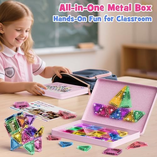 WMXDU 42-Piece Glitter Magnetic Tiles Travel Set with Pink Metal Box - Portable STEM Building Blocks for Kids Ages 3-8 Boys & Girls STEM Montessori Educational Toys for Airplane Car Rides - Image 4