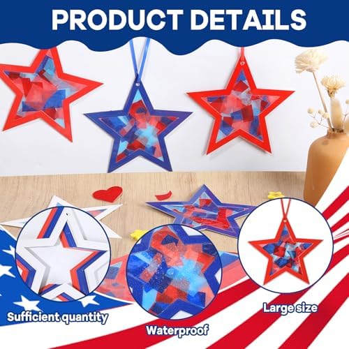Qyeahkj 36 Set 4th of July Suncatchers Crafts for DIY Patriotic Star Window Tissue Paper Craft Kit Star Hanging Decor for Patriotic Home Activity Art Project Birthday Party Favor Gift - Image 3