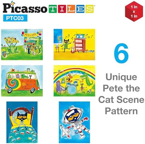 PicassoTiles Magnetic Tiles Pete the Cat Magnet Puzzle Cube Set 6 Cartoon Theme Mix and Match Brain Teaser STEM Educational Toy for Kids Toddlers Preschool Age 3 Plus Sensory Learning Play Kit PTC03 - Image 3