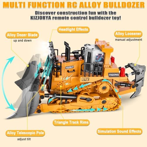 Remote Controlled Bulldozer, 9-Channel Metal RC Construction Vehicle Toy with Lights, Sound, and Rechargeable Battery, Remote Controlled Bulldozer Toy Gift for Kids Boys Girls Aged 4-12 (2.4 GHz) - Image 2