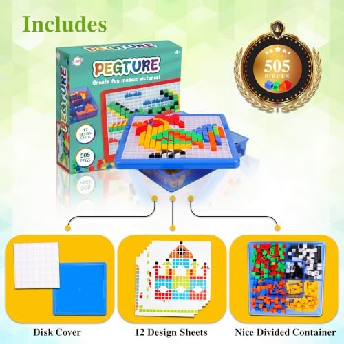 Playkidz: Pegture Set with 505 Larger Pieces + 12 Design Cards. Mosaic Puzzle Toy Set, Creative Skills Development, Educational Learning Toys for Kid. Great Gift for Boys & Girls. - Image 2