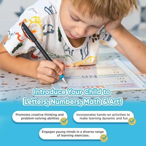 Kiddospace Magic Grooved Writing Practice for Kids Ages 3-8 - 4 Large Reusable Handwriting Workbooks - Alphabet, Numbers, Math & Drawing - Grooved Tracing Books with Disappearing Ink Pen Included - Image 2